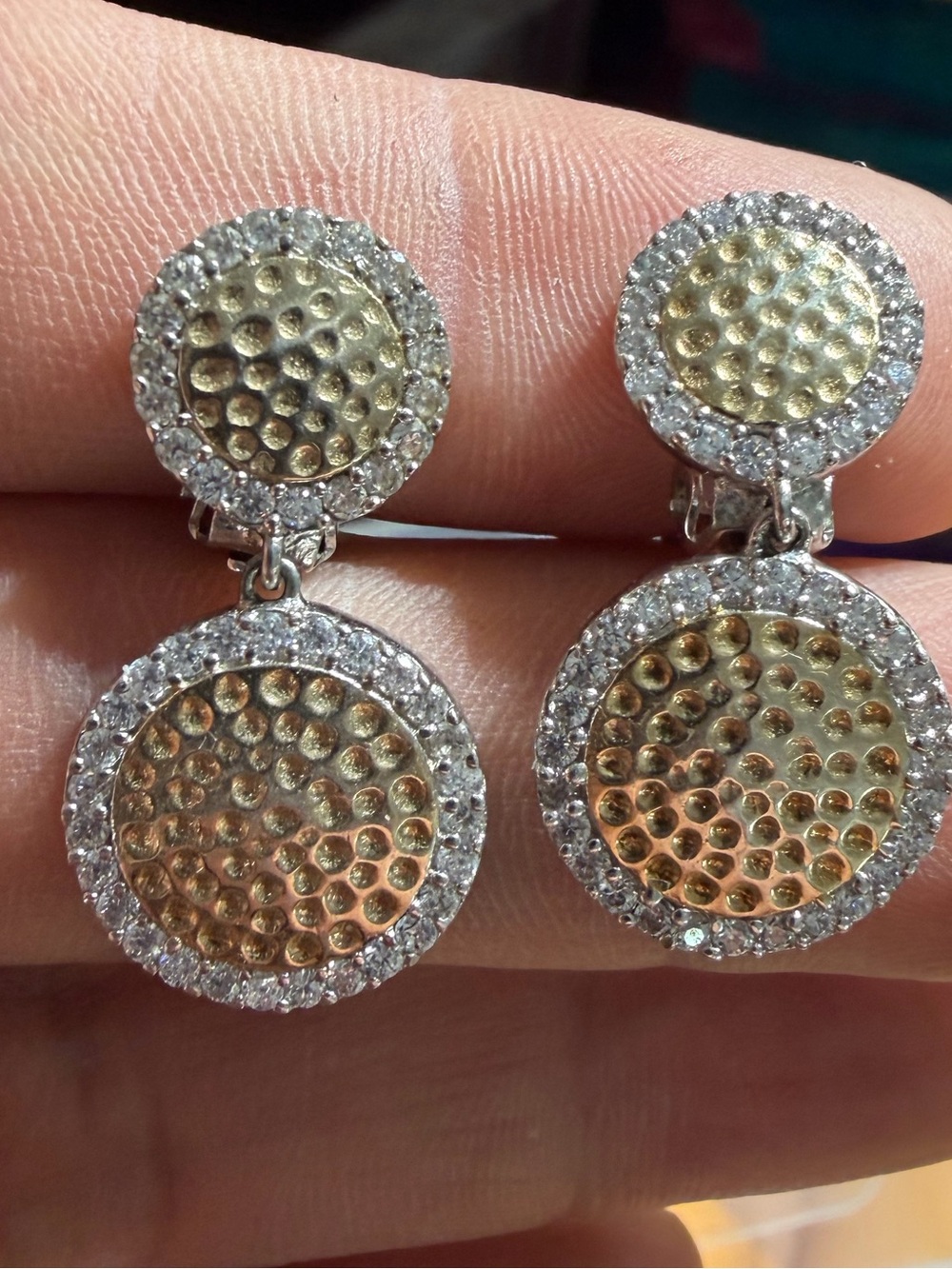 Vintage DEL 925 Sterling Silver Two Tone Hammered Double Drop Earrings
